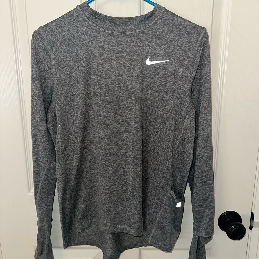 Nike Gray Long Sleeve Tee with Crew Neck and Swoosh